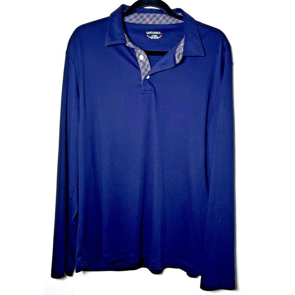 Untuckit Polo Shirt Men Large Navy Long Sleeve Cotton Plaid Collar Preppy Modern